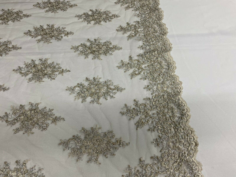Silver / Metallic Cluster Bead Fabric - Embroidered Flower Beaded Fabric Wedding Bridal Sold By Yard
