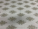 Silver / Metallic Cluster Bead Fabric - Embroidered Flower Beaded Fabric Wedding Bridal Sold By Yard