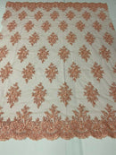 Peach Cluster Bead Fabric - Embroidered Flower Beaded Fabric Wedding Bridal Sold By Yard