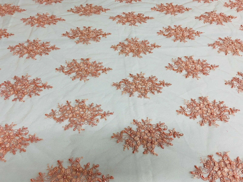 Peach Cluster Bead Fabric - Embroidered Flower Beaded Fabric Wedding Bridal Sold By Yard