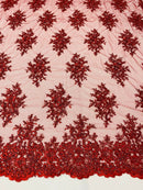 Burgundy Cluster Bead Fabric - Embroidered Flower Beaded Fabric Wedding Bridal Sold By Yard