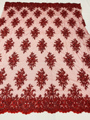 Burgundy Cluster Bead Fabric - Embroidered Flower Beaded Fabric Wedding Bridal Sold By Yard