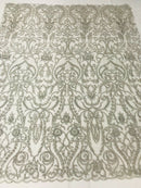 Glam Damask Beaded Fabric, Silver - Embroidered Fashion Fabric with Beads Wedding Bridal Sold By Yard