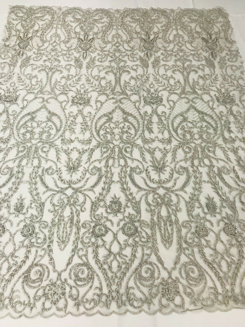 Glam Damask Beaded Fabric, Silver - Embroidered Fashion Fabric with Beads Wedding Bridal Sold By Yard