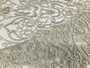 Glam Damask Beaded Fabric, Silver - Embroidered Fashion Fabric with Beads Wedding Bridal Sold By Yard