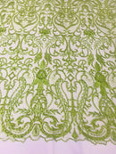 Glam Damask Beaded Fabric, Kiwi Green - Embroidered Fashion Fabric with Beads Wedding Bridal Sold By Yard