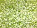 Glam Damask Beaded Fabric, Kiwi Green - Embroidered Fashion Fabric with Beads Wedding Bridal Sold By Yard