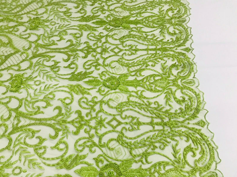 Glam Damask Beaded Fabric, Kiwi Green - Embroidered Fashion Fabric with Beads Wedding Bridal Sold By Yard