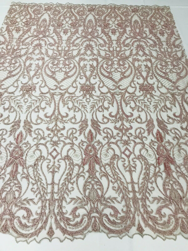 Glam Damask Beaded Fabric, Rose Gold - Embroidered Fashion Fabric with Beads Wedding Bridal Sold By Yard