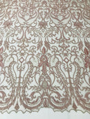 Glam Damask Beaded Fabric, Rose Gold - Embroidered Fashion Fabric with Beads Wedding Bridal Sold By Yard