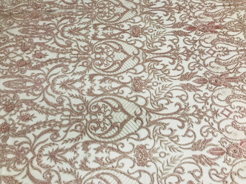 Glam Damask Beaded Fabric, Rose Gold - Embroidered Fashion Fabric with Beads Wedding Bridal Sold By Yard