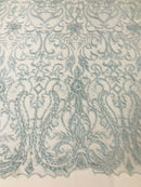 Glam Damask Beaded Fabric, Babe Blue - Embroidered Fashion Fabric with Beads Wedding Bridal Sold By Yard