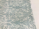Glam Damask Beaded Fabric, Babe Blue - Embroidered Fashion Fabric with Beads Wedding Bridal Sold By Yard