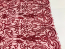 Glam Damask Beaded Fabric, Burgundy - Embroidered Fashion Fabric with Beads Wedding Bridal Sold By Yard