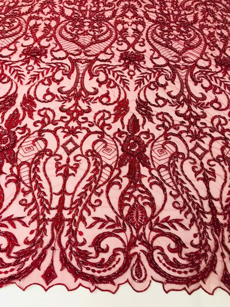 Glam Damask Beaded Fabric, Burgundy - Embroidered Fashion Fabric with Beads Wedding Bridal Sold By Yard