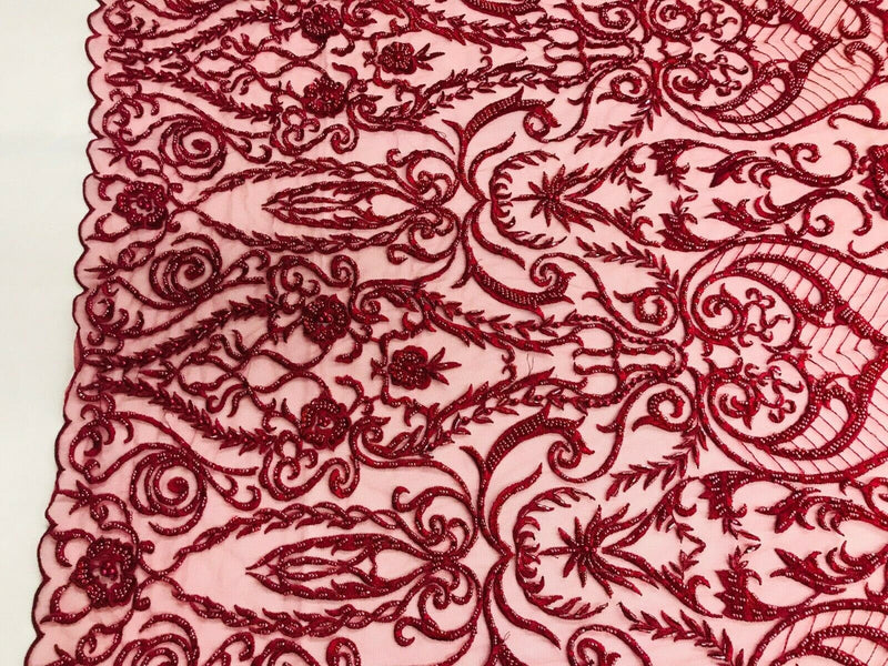 Glam Damask Beaded Fabric, Burgundy - Embroidered Fashion Fabric with Beads Wedding Bridal Sold By Yard