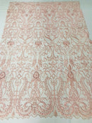 Glam Damask Beaded Fabric, Blush Pink - Embroidered Fashion Fabric with Beads Wedding Bridal Sold By Yard