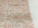 Glam Damask Beaded Fabric, Blush Pink - Embroidered Fashion Fabric with Beads Wedding Bridal Sold By Yard