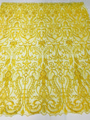 Glam Damask Beaded Fabric, Yellow - Embroidered Fashion Fabric with Beads Wedding Bridal Sold By Yard