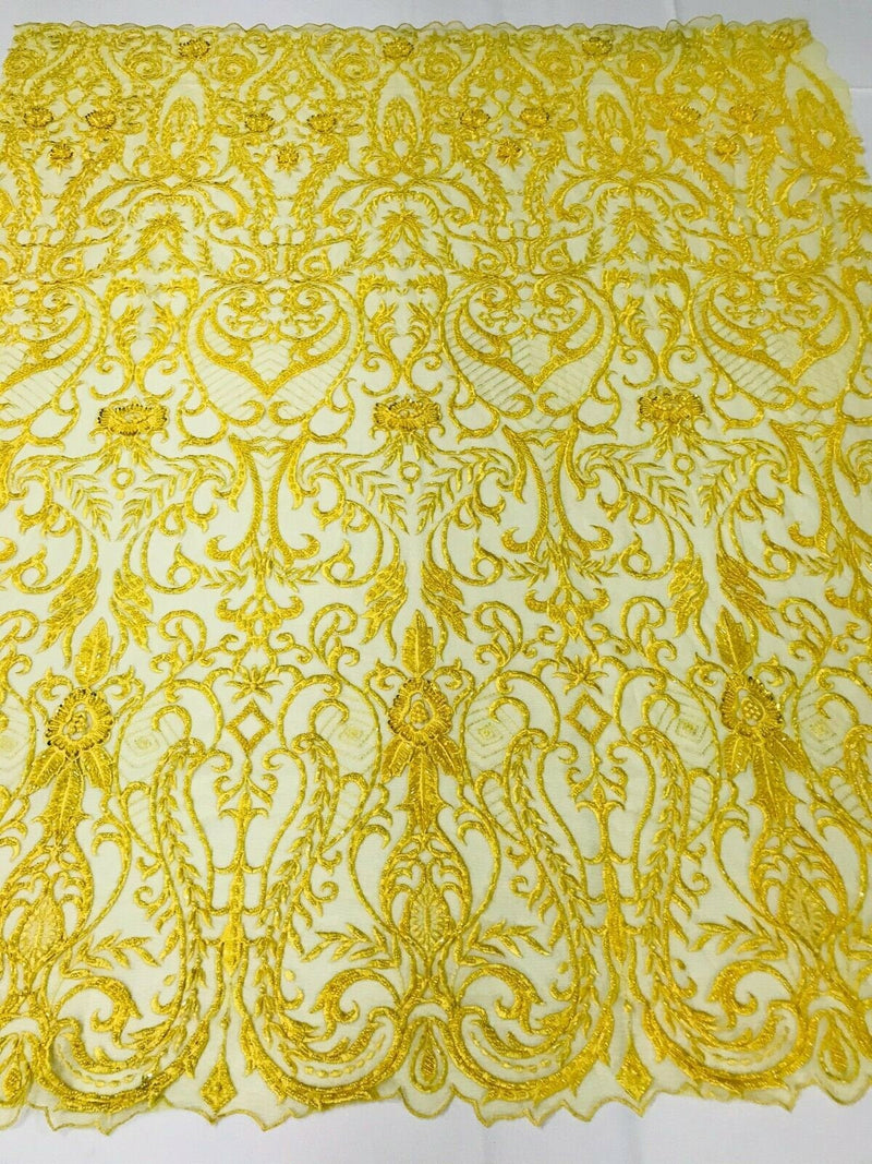 Glam Damask Beaded Fabric, Yellow - Embroidered Fashion Fabric with Beads Wedding Bridal Sold By Yard
