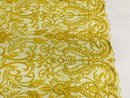 Glam Damask Beaded Fabric, Yellow - Embroidered Fashion Fabric with Beads Wedding Bridal Sold By Yard