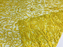 Glam Damask Beaded Fabric, Yellow - Embroidered Fashion Fabric with Beads Wedding Bridal Sold By Yard
