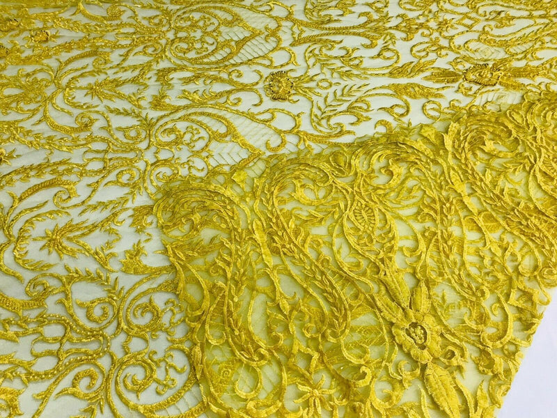Glam Damask Beaded Fabric, Yellow - Embroidered Fashion Fabric with Beads Wedding Bridal Sold By Yard