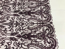 Glam Damask Beaded Fabric, Plum - Embroidered Fashion Fabric with Beads Wedding Bridal Sold By Yard
