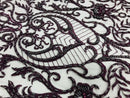 Glam Damask Beaded Fabric, Plum - Embroidered Fashion Fabric with Beads Wedding Bridal Sold By Yard