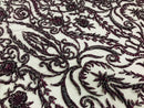Glam Damask Beaded Fabric, Plum - Embroidered Fashion Fabric with Beads Wedding Bridal Sold By Yard