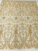 Glam Damask Beaded Fabric, Honey Gold - Embroidered Fashion Fabric with Beads Wedding Bridal Sold By Yard