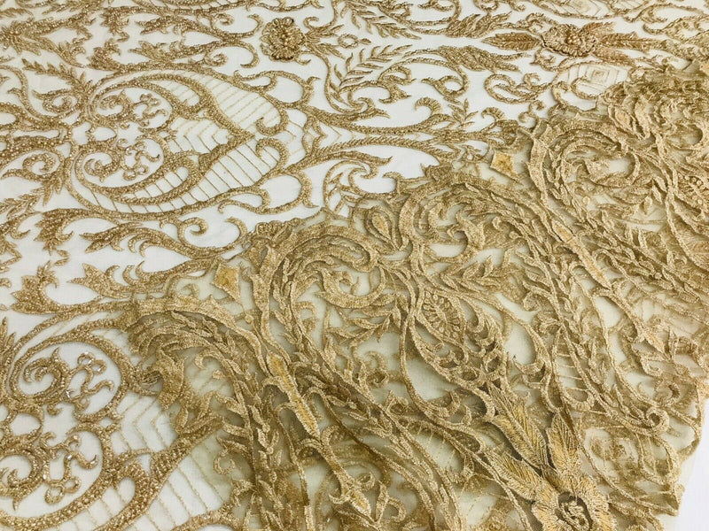 Glam Damask Beaded Fabric, Honey Gold - Embroidered Fashion Fabric with Beads Wedding Bridal Sold By Yard