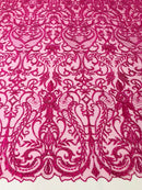 Glam Damask Beaded Fabric, Fuchsia - Embroidered Fashion Fabric with Beads Wedding Bridal Sold By Yard