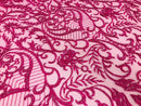 Glam Damask Beaded Fabric, Fuchsia - Embroidered Fashion Fabric with Beads Wedding Bridal Sold By Yard