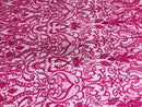 Glam Damask Beaded Fabric, Fuchsia - Embroidered Fashion Fabric with Beads Wedding Bridal Sold By Yard