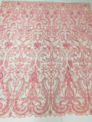 Glam Damask Beaded Fabric, Pink - Embroidered Fashion Fabric with Beads Wedding Bridal Sold By Yard