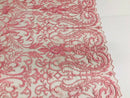 Glam Damask Beaded Fabric, Pink - Embroidered Fashion Fabric with Beads Wedding Bridal Sold By Yard