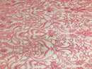 Glam Damask Beaded Fabric, Pink - Embroidered Fashion Fabric with Beads Wedding Bridal Sold By Yard