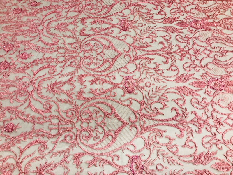 Glam Damask Beaded Fabric, Pink - Embroidered Fashion Fabric with Beads Wedding Bridal Sold By Yard