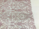 Glam Damask Beaded Fabric, Light Lilac - Embroidered Fashion Fabric with Beads Wedding Bridal Sold By Yard