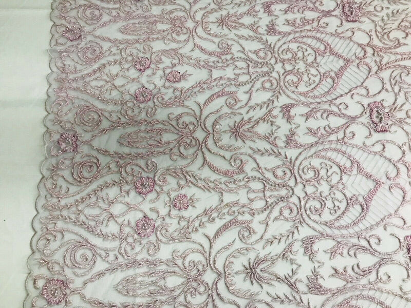 Glam Damask Beaded Fabric, Light Lilac - Embroidered Fashion Fabric with Beads Wedding Bridal Sold By Yard