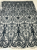 Glam Damask Beaded Fabric, Navy Blue - Embroidered Fashion Fabric with Beads Wedding Bridal Sold By Yard