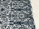 Glam Damask Beaded Fabric, Navy Blue - Embroidered Fashion Fabric with Beads Wedding Bridal Sold By Yard