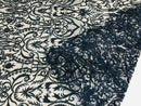 Glam Damask Beaded Fabric, Navy Blue - Embroidered Fashion Fabric with Beads Wedding Bridal Sold By Yard