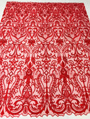 Glam Damask Beaded Fabric, Red - Embroidered Fashion Fabric with Beads Wedding Bridal Sold By Yard
