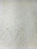 Glam Damask Beaded Fabric, Ivory - Embroidered Fashion Fabric with Beads Wedding Bridal Sold By Yard