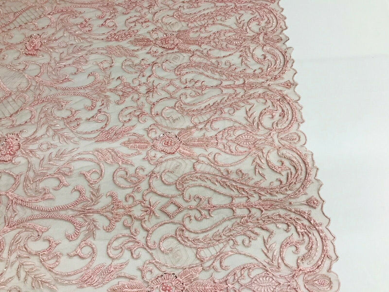 Glam Damask Beaded Fabric, Dusty Rose - Embroidered Fashion Fabric with Beads Wedding Bridal Sold By Yard