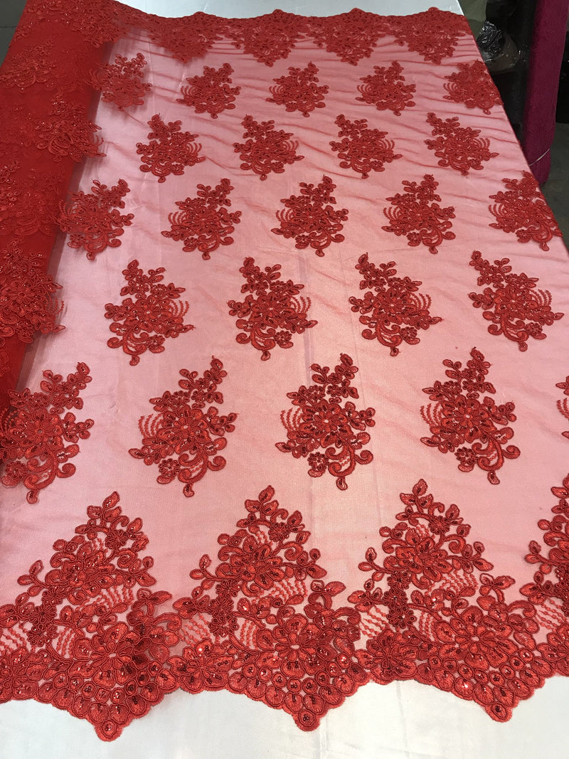 Flower Lace Fabric -Red Floral Clusters Embroidered Lace Mesh Fabric Sold By The Yard