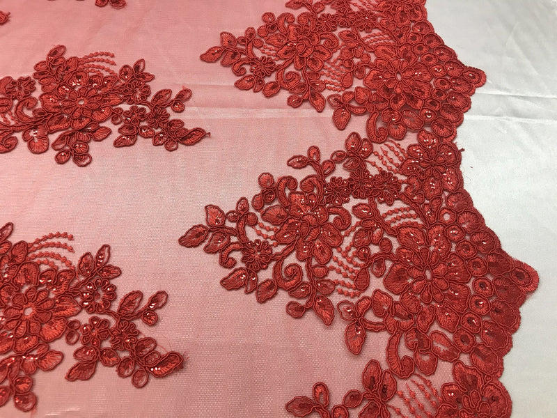 Flower Lace Fabric -Red Floral Clusters Embroidered Lace Mesh Fabric Sold By The Yard