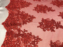 Flower Lace Fabric -Red Floral Clusters Embroidered Lace Mesh Fabric Sold By The Yard